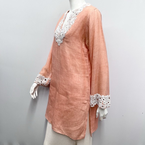 Vintage Trillion Linen Tunic Top Coral HEAVILY Beaded in White Size Medium M TLC - Picture 5 of 7
